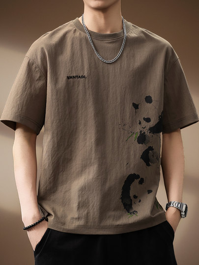 Kurzarm-T-Shirt aus Leinen mit Panda-Print im High-End-Design für Herren, Sommer, neues lockeres, großes Herren-Halbarm-T-Shirt