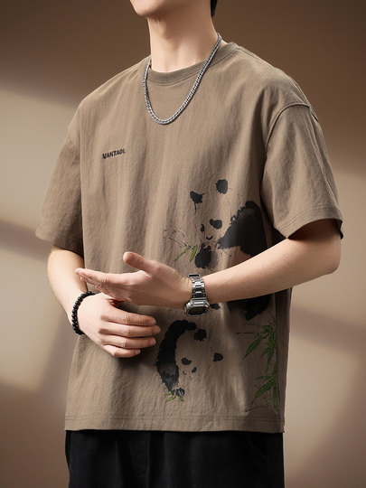 Kurzarm-T-Shirt aus Leinen mit Panda-Print im High-End-Design für Herren, Sommer, neues lockeres, großes Herren-Halbarm-T-Shirt