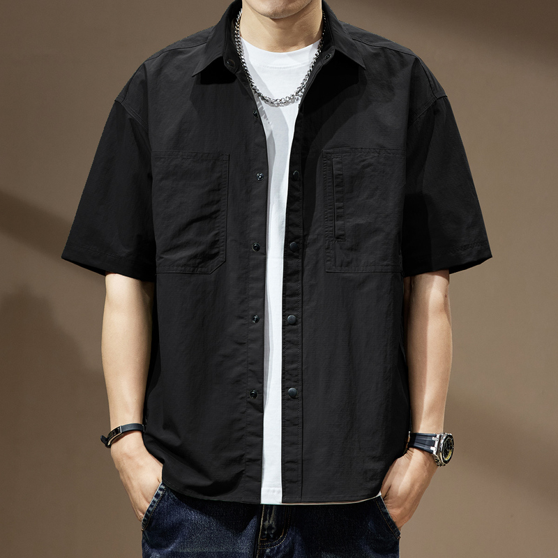American Retro Tough Guy Workwear Short-Sleeved Shirt for Men, Outdoor Cool High-End Black Casual Summer Thin Shirt for Men