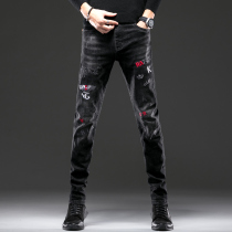 High color autumn national tide embroidered jeans mens hole Tide brand mens pants slim small feet trousers Korean version trend
