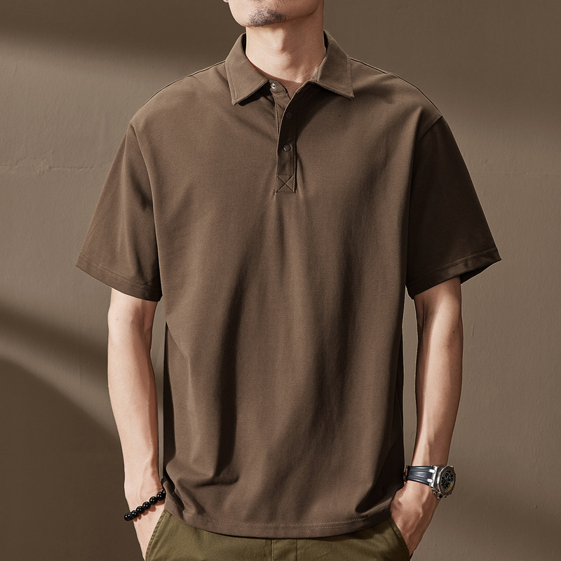 American-Style Heavyweight Basic Short-Sleeve Polo Shirt for Men, Summer Trendy Brand, Coffee Color, Loose and Simple, Turn-Down Collar Half-Sleeve T-Shirt