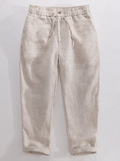 High-End Pure Linen Textured Wide-Leg Straight Pants for Men, Elastic Waist Drawstring Casual Pants, Drapey Full Linen Long Pants