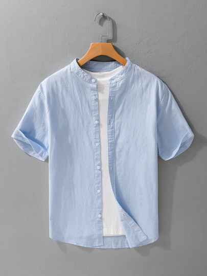 Casual Business Style Small Stand-Up Collar Linen Short-Sleeved White Shirt Men's Round-Neck Cotton and Linen Casual Shirt Collarless Top