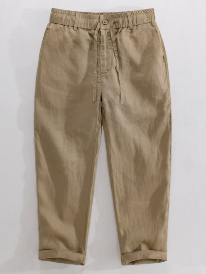 High-End Pure Linen Textured Wide-Leg Straight Pants for Men, Elastic Waist Drawstring Casual Pants, Drapey Full Linen Long Pants