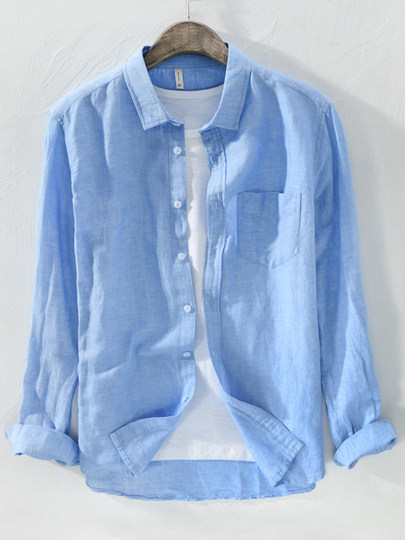 Linen Shirt for Men, Casual, Simple, Long-Sleeved, Loose, Thin, Solid Color, Breathable Top for Spring and Summer, Cotton-Linen Shirt for Outer Wear