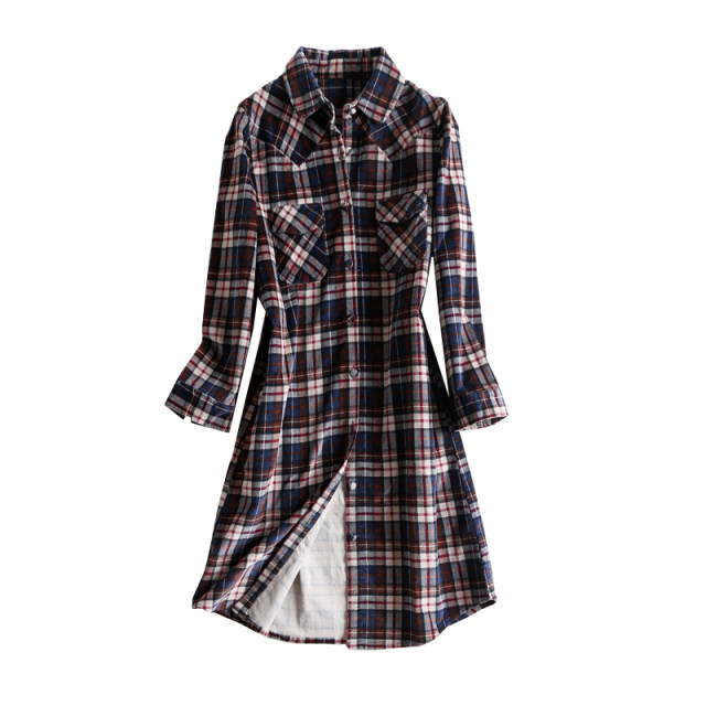 2020 early spring new fashion retro contrasting plaid waist waist tie mid-length pure cotton shirt skirt dress for women