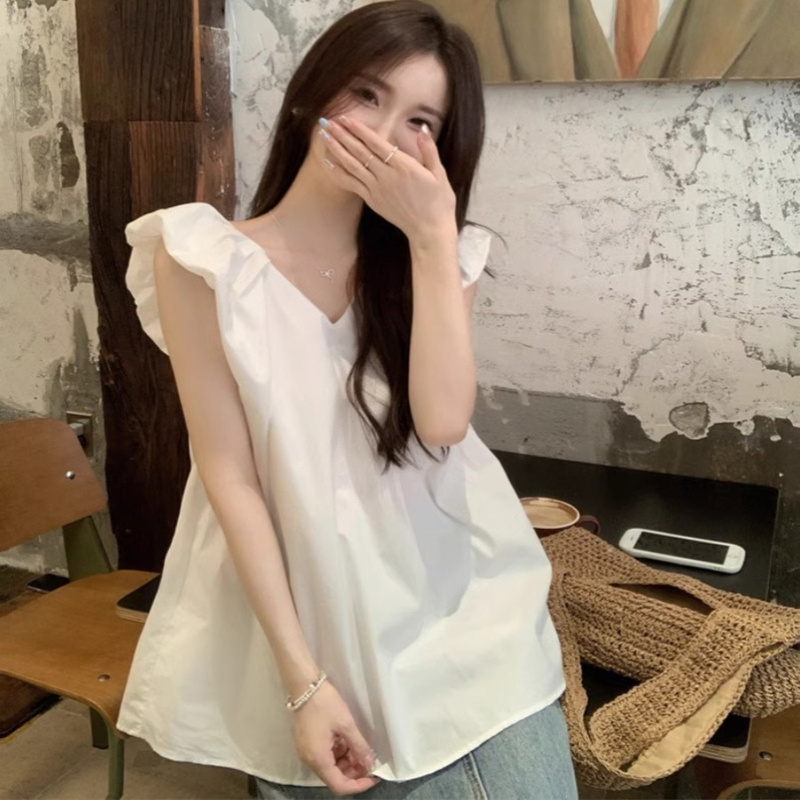 Summer New Design Niche Sleeveless Shirt Women's Loose Tie-Up Flutter Sleeve White Shirt French Top