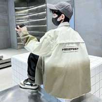 Boys shirt jacket gradient lapel letter internet celebrity hot style spring and autumn 2024 middle and large children fashion trend handsome