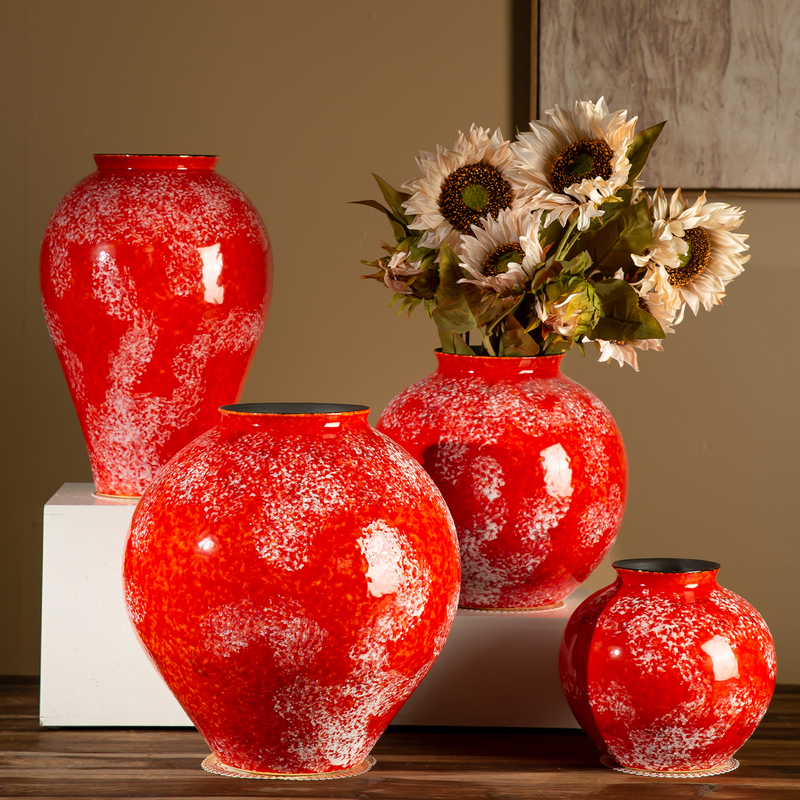 Jingdezhen Handmade Red Ceramic Vase New Chinese Style Festive Kiln-Transformed Flower Vessel for Living Room Home Entryway Flower Arrangement Decoration