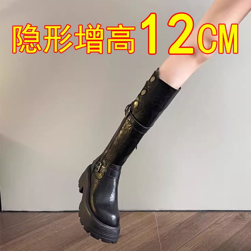 Short Women's Boots with a 12cm Height Increase, Genuine Leather, Platform Thick Sole, Over-The-Knee Riding Boots, Autumn and Winter, with Fleece Lining Short Women's Boots with a 12cm Height Increase, Genuine Leather, Platform Thick Sole, Over-The-Knee Riding Boots, Autumn and Winter, with Fleece Lining