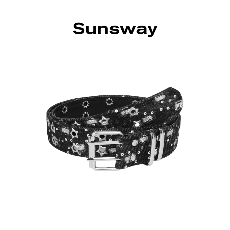 Sunsway Original Distressed Denim Belt for Men and Women, Trendy Star Studded Y2K Subculture Niche Belt