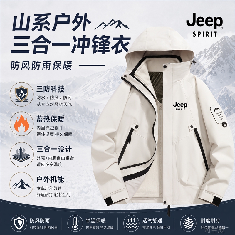 Jeepspirit Jeep Jacket Men's 3-in-1 Detachable Liner Fleece-Lined Thickeneded Windproof Jacket Outdoor Women's