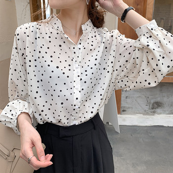 White polka dot chiffon shirt women's suit collar early spring 2021 new niche design black and white polka dot long-sleeved shirt summer