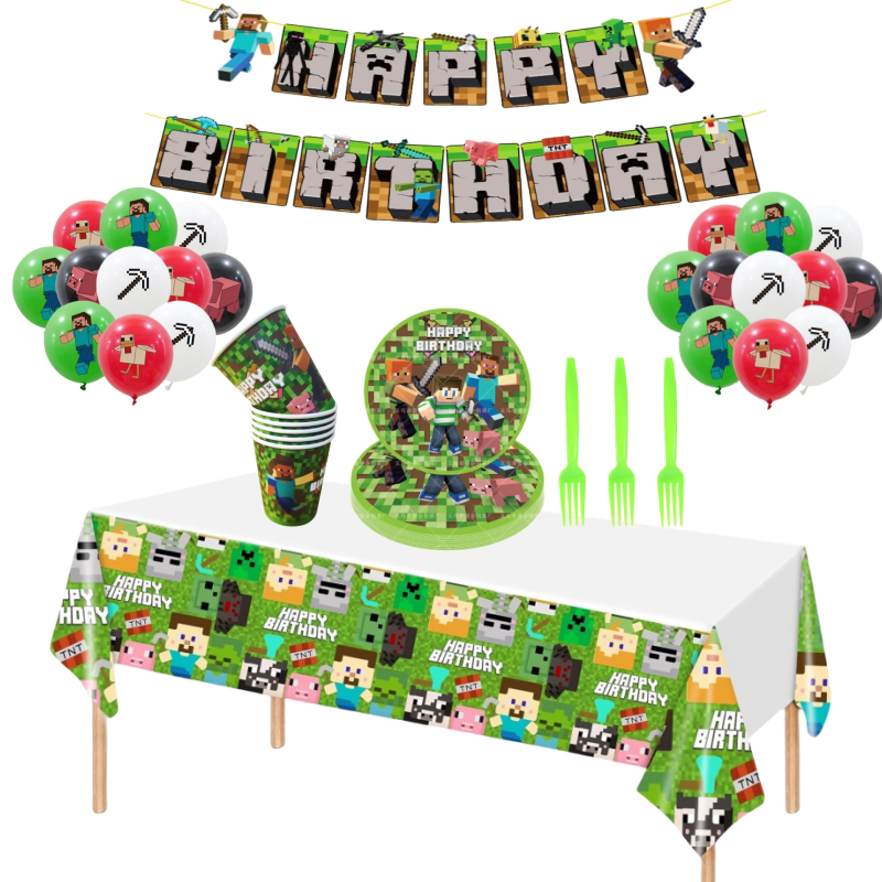 Suitable for Minecraft Themed Pixel Battle Birthday Party Decoration Scene Setup Tablecloth Paper Cups Plates Hats