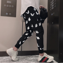 Early spring new casual pants men Korean version of the trend of personalized printed pants Net red thin black ankle-length pants men