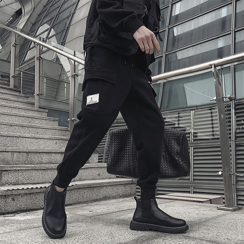 Dark plus velvet padded overalls men's autumn and winter trends Joker card black bunches casual knitted trousers