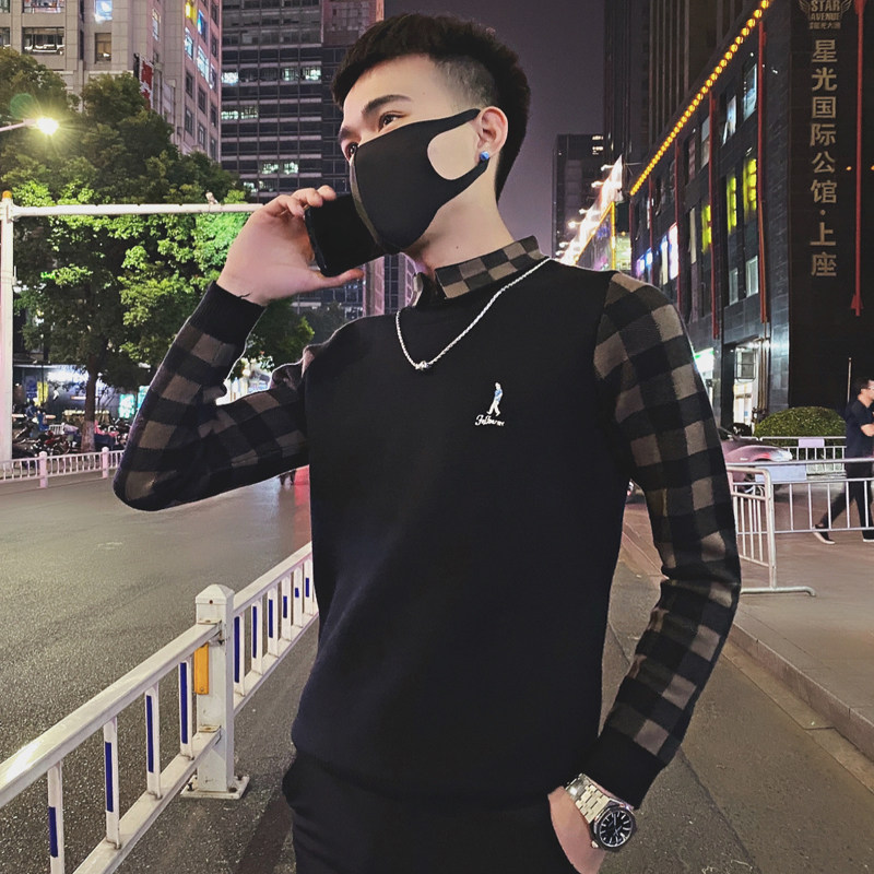 Splice lapel sweater men autumn and winter Korean version of Joker trendy inside with 2021 New knitted base shirt men long sleeve