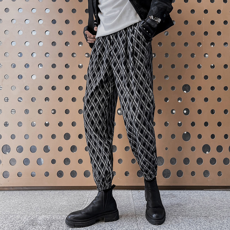 Net Red Tide brand Lingge casual pants men's autumn and winter thick pants loose leg pants Korean version of the trend Haren pants