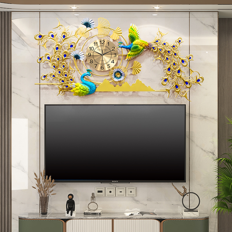 Clock wall clock living room large size long size home dining room background wall decoration hanging table personality creative peacock phoenix
