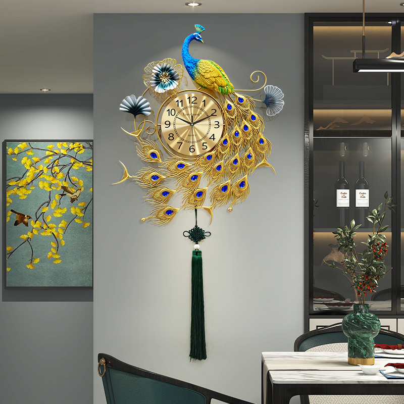 Chinese style clock hanging bell living room decoration light and luxurious home fashion 2023 new muted creative peacock art hanging watch-Taobao
