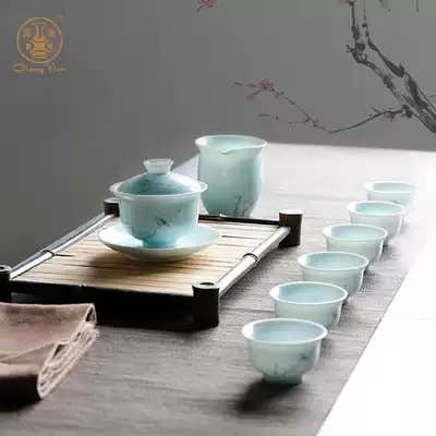 Changnan ceramic jade porcelain Happy eyebrow 8 heads glazed color Kung Fu tea set Jingdezhen ceramic cover bowl tea set