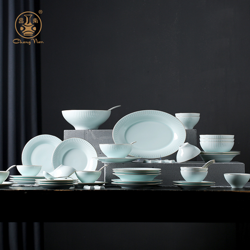 Chang south of jingdezhen ceramic bowl set home dishes Chinese dishes contracted plate shadow carving dishes