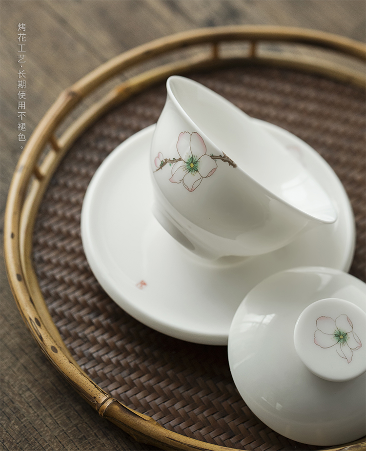 Plain film dehua white porcelain only three tureen tea bowl of Japanese kung fu tea set li, peach blossom put large tea cup