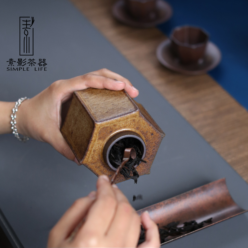 Plain film creative coarse pottery small caddy fixings ancient up circular storehouse, black iron gold square kung fu tea POTS