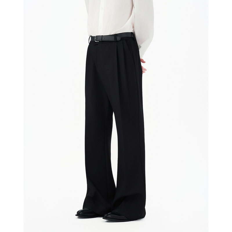 Harh the Godfather Black Double-Pleated Flared Dress Pants with a Draping Effect, Dark Gentleman Casual Long Pants for Men Harh the Godfather Black Double-Pleated Flared Dress Pants with a Draping Effect, Dark Gentleman Casual Long Pants for Men