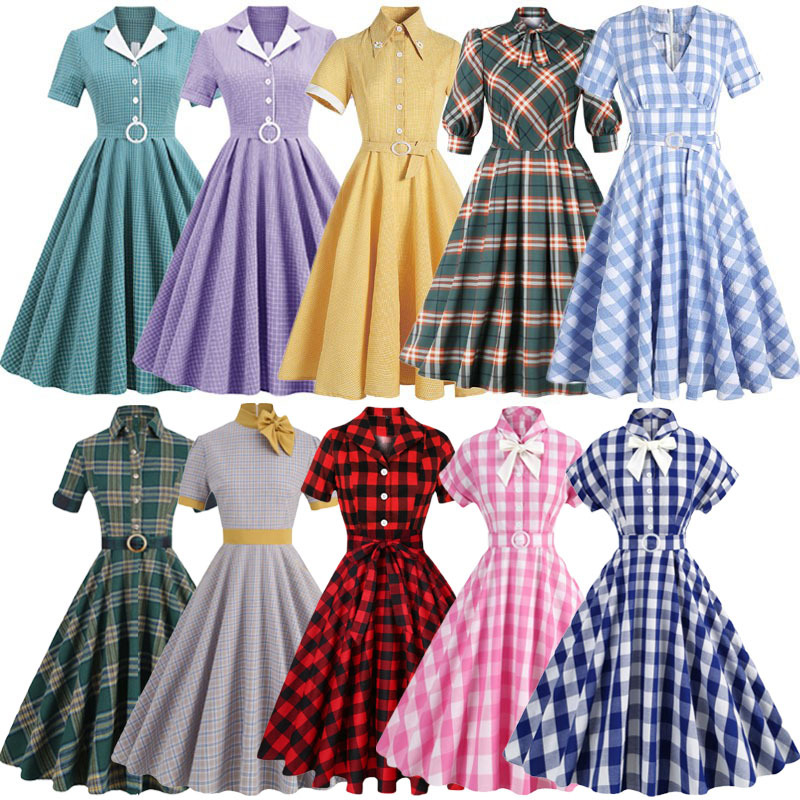 Retro Hong Kong Style 60S-Era Plaid Dress with a Large Hem, Mid-Length Skirt That Accentuates the Waist and Makes You Look Slimmer in Summer