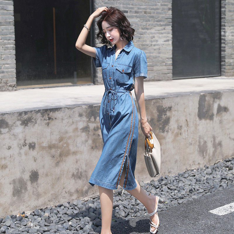 Summer Denim Dress Foreign Dress 2020 New Medium Long Version Temperament Shirt Tencel Long Dress Casual Display Slim Dress