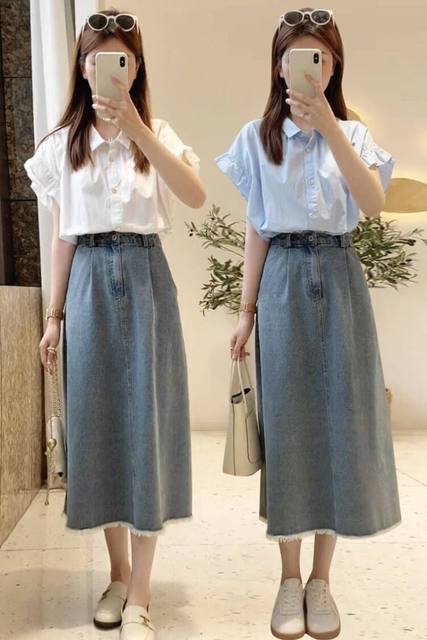 French ruffled short-sleeved shirt high-waisted denim skirt suit for women 2024 summer simple casual two-piece set