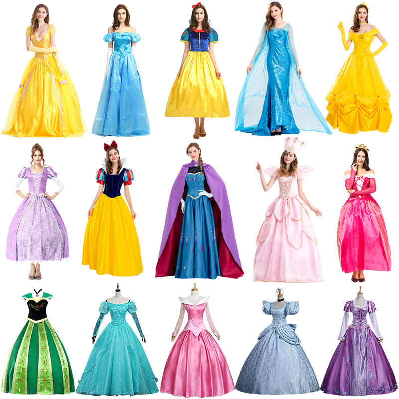 Halloween Snow White Dress Sleeping Beauty Rapunzel Elsa Cinderella Costume Belle Anna Adult Evening Dress for Women