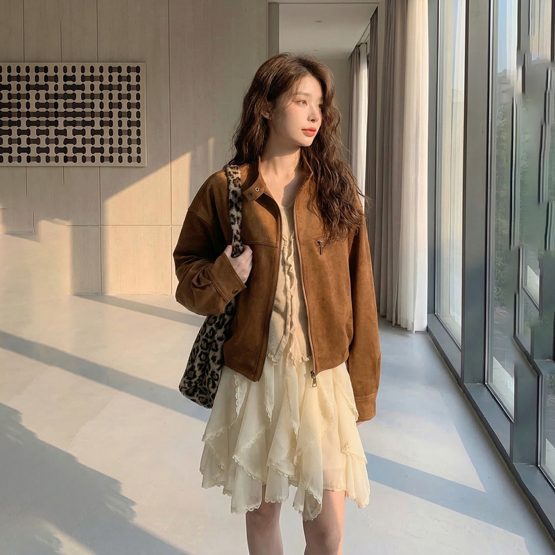 Melard Brown Suede Lapel Short Jacket for Women, Spring and Autumn, Petite, Vintage, High-End, Slimming Jacket Top