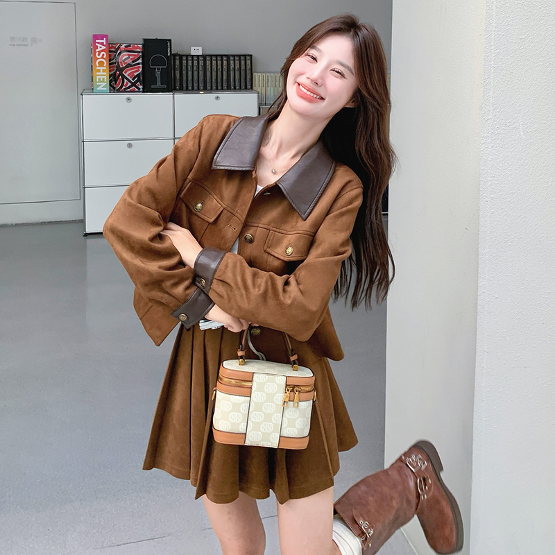 Western Cowboy Hot Girl Fashion Suit for Women, Spring and Autumn Travel Outfit, Retro Suede Jacket, Pleated Skirt Two-Piece Set