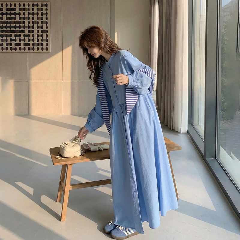 High-End Lazy Style Striped Shawl Dress for Women, Spring and Autumn Mid-Length Loose Fit, Tummy-Covering, Slimming Blue Shirt Dress