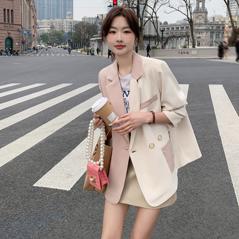 Color-Blocked Design Blazer for Women, Spring and Autumn 2026 New Korean Style, Loose Fit, Elegant Casual Pink Blazer