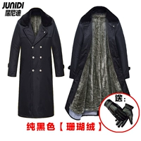 Черный бархатный военный пальто (кожаные перчатки)