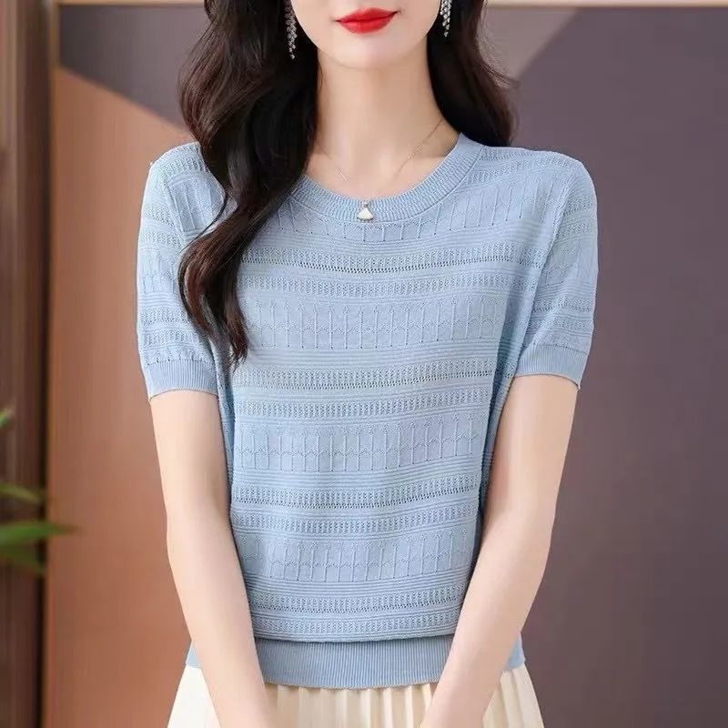 Ice Silk Knitwear Round Neck Short-Sleeved T-Shirt for Women Summer New Style Loose and Versatile Cut Out Thin Shirt Top Trendy Ice Silk Knitwear Round Neck Short-Sleeved T-Shirt for Women Summer New Style Loose and Versatile Cut Out Thin Shirt Top Trendy