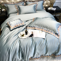 American cotton cotton four-piece kapok satin feather embroidery long staple cotton sheets quilt cover bedding solid color