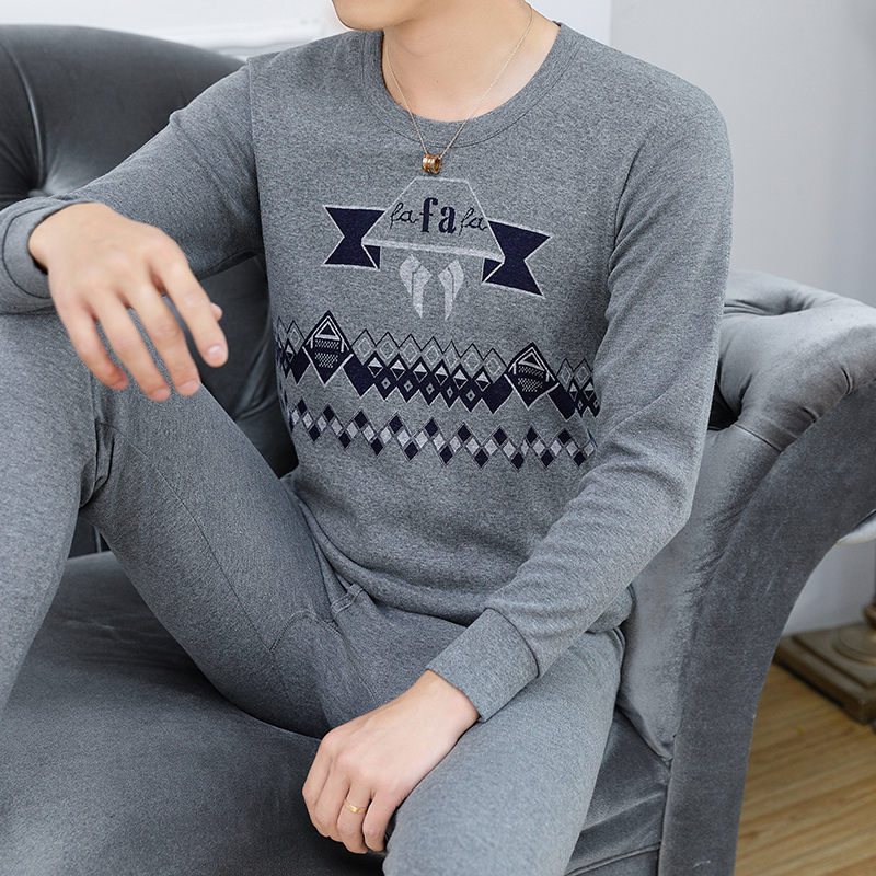 Autumn and Winter Pure Cotton Thermal Underwear Set for Men, Thin Cotton Sweater, Jacquard Long-Sleeve T-Shirt, All-Cotton Thermal Underwear