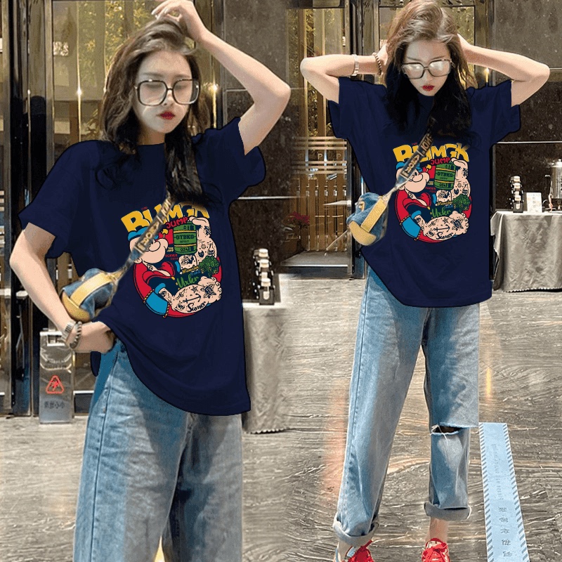 2025 Summer New European Style Popeye Cartoon Print Mid-Length Short-Sleeve T-Shirt for Women, Loose and Versatile Top