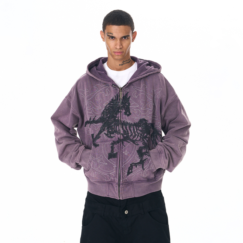 Fourth3Ex 25Fw Hand-Painted Embroidered War Horse Hooded Sweatshirt Jacket for Men, Autumn Washed and Distressed Hoodie