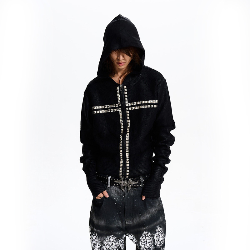 Fourth3Ex Light Black Waxed Hooded Sweater for Men, Autumn Studded Cross Zipper Knitwear, Warm