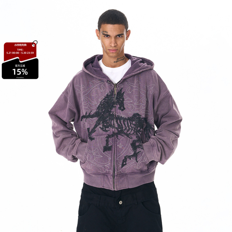 Fourth3Ex 25Fw Hand-Painted Embroidered War Horse Hooded Sweatshirt Jacket for Men, Autumn Washed and Distressed Hoodie Fourth3Ex 25Fw Hand-Painted Embroidered War Horse Hooded Sweatshirt Jacket for Men, Autumn Washed and Distressed Hoodie