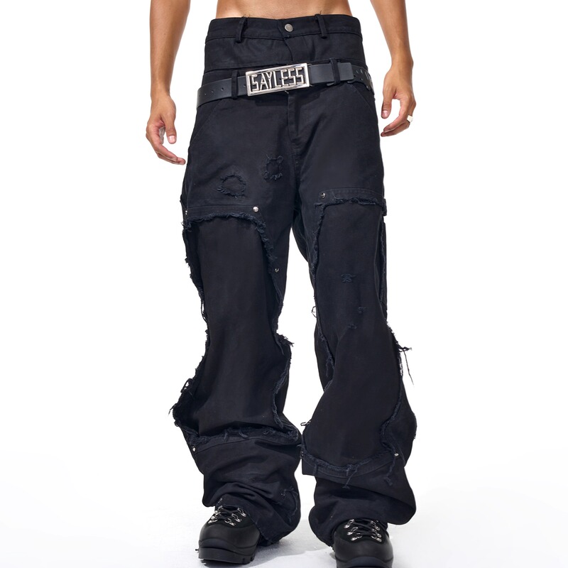 Fourth3Ex 25Fw Double-Knee Distressed Fringed Black Jeans for Men, New Autumn Double-Waistband Wide-Leg Pants