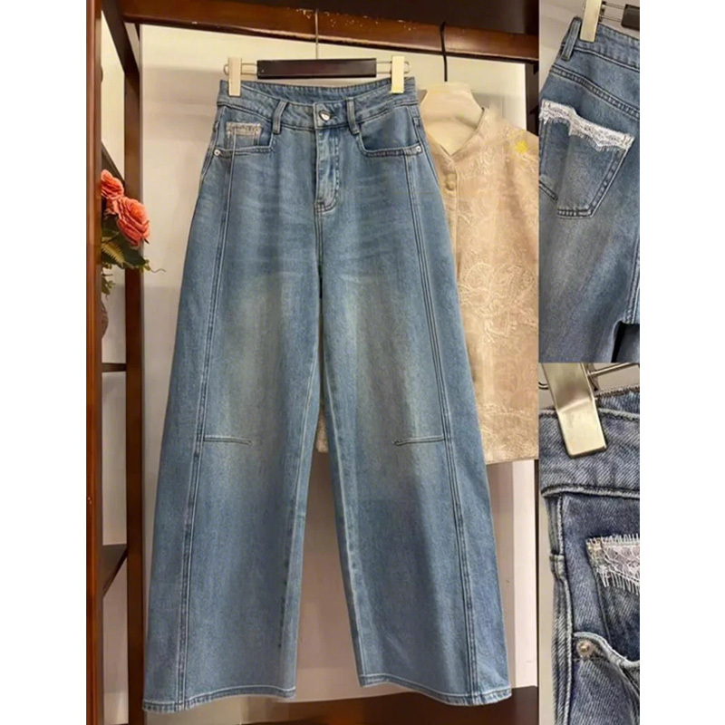 Shenzhen 2026 New Nanyou Women's European-Style Simple High-Waisted Slimming Pocket Patchwork Lace Wide-Leg Jeans for Women Shenzhen 2026 New Nanyou Women's European-Style Simple High-Waisted Slimming Pocket Patchwork Lace Wide-Leg Jeans for Women