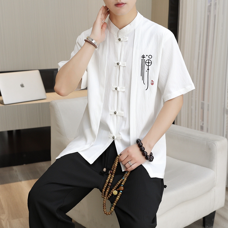 Ice Silk Linen Short-Sleeve T-Shirt for Men, Cotton and Linen Chinese Style Men's Clothing, Zen-Inspired Hanfu V-Neck Tang Suit, Faux Two-Piece Trendy Style