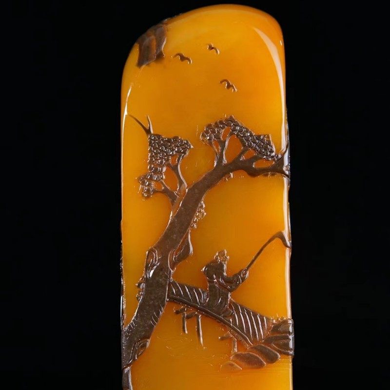 中国田黃寿山石古印材 ◇御泓軒◇『民国朝時代 寿山石 田黄石彫 山水人物図印章 友