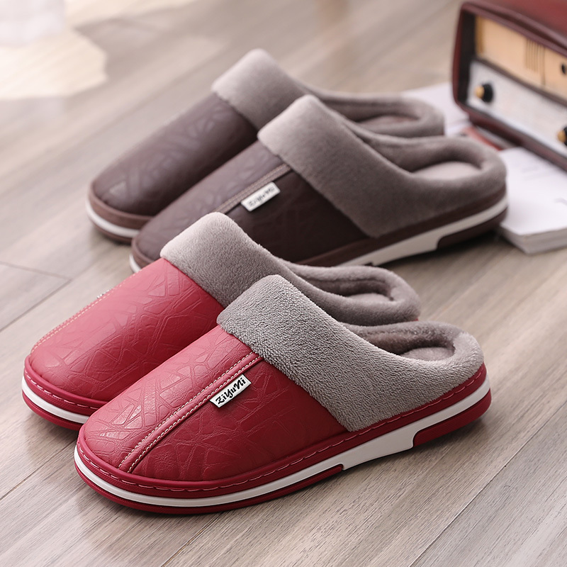 Pu New Style Leather Men's Autumn and Winter Indoor Cotton Slippers Women's Waterproof Winter Maternity Shoes Thick-Soled Non-Slip Warm Couple Slippers